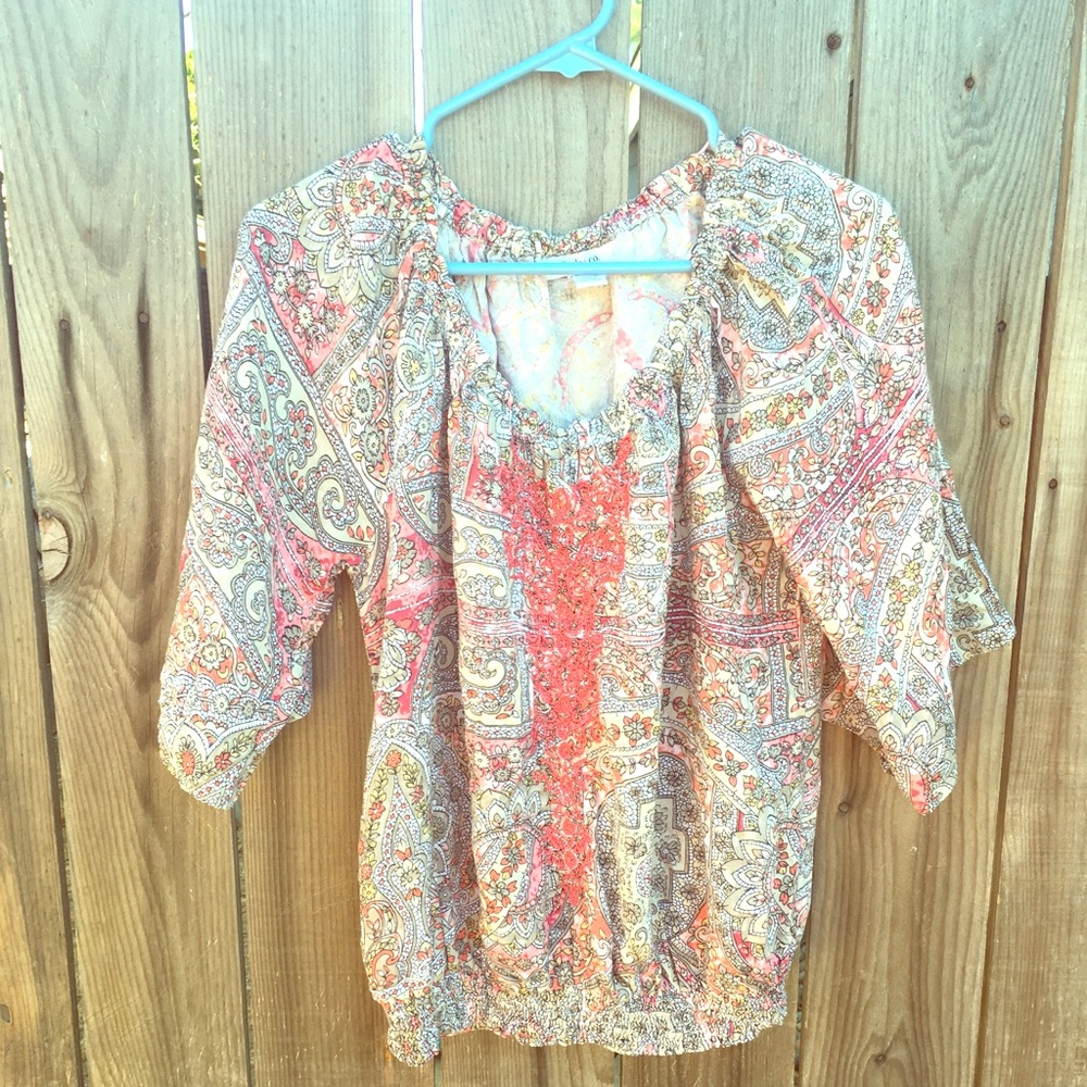Floral tribal tan an pink top